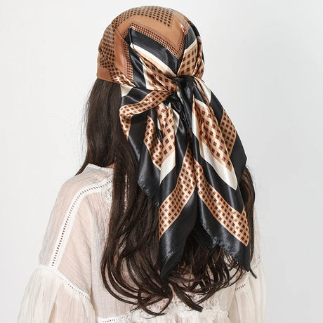 Brown Black Print Square Turban Bandana Silk Satin Scarf