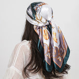 White Blue Leopard Print Square Turban Bandana Silk Satin Scarf