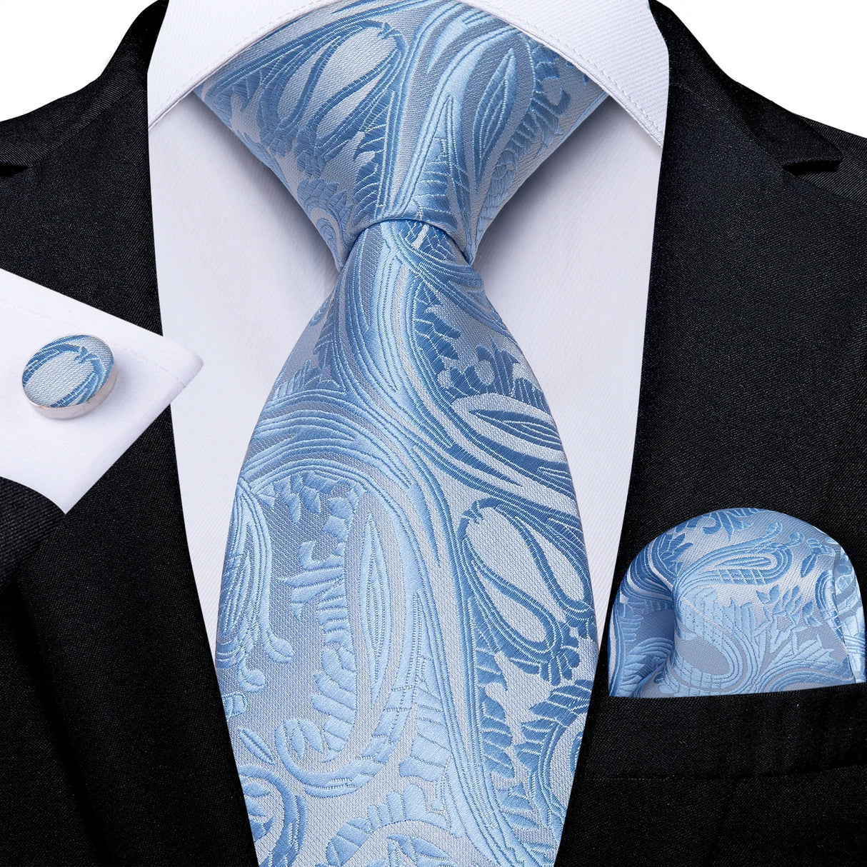 Light Blue Paisley Handkerchief Cufflinks Striped Silk