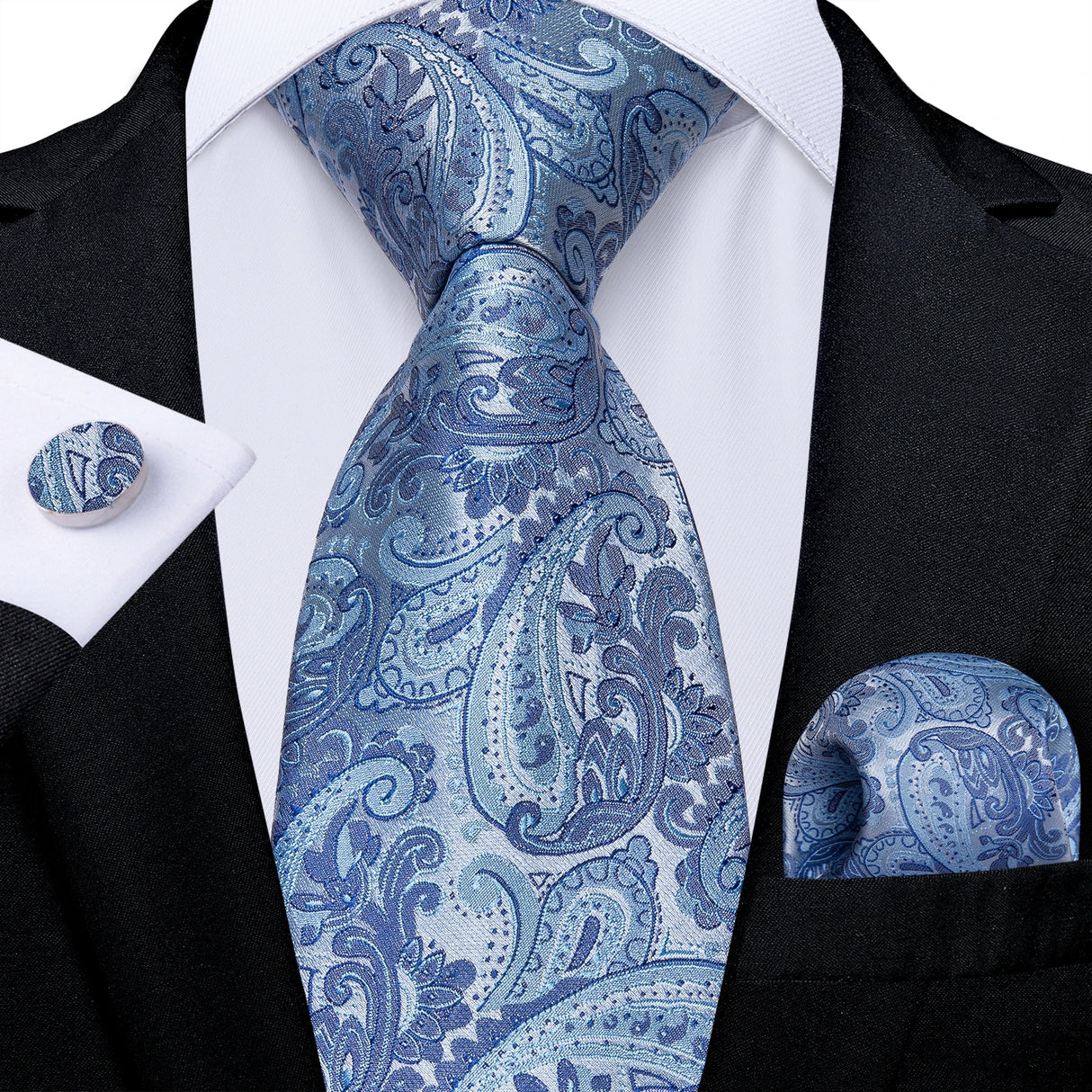 Light Blue Paisley Handkerchief Cufflinks Striped Silk