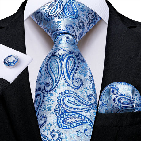 Light Blue Paisley Handkerchief Cufflinks Striped Silk