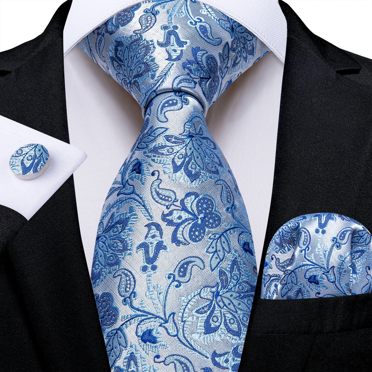 Light Blue Paisley Handkerchief Cufflinks Striped Silk
