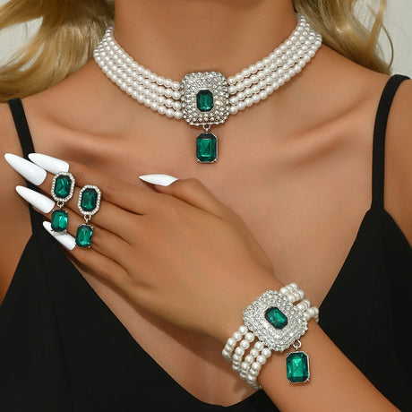 Light Luxury Short Style Imitation Pearl Necklace Set White Green
