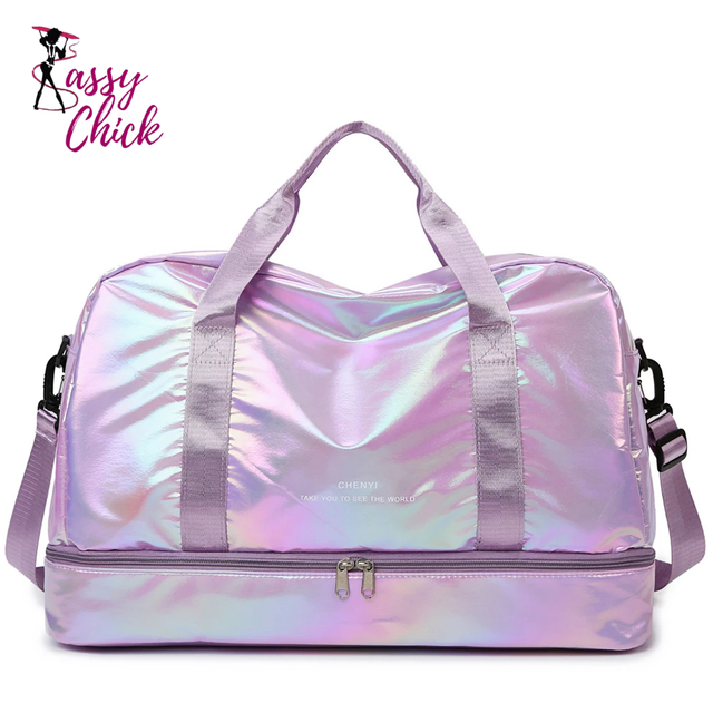 Lightweight Nylon Large Holographic Duffel Bag Sassy Chick Logo