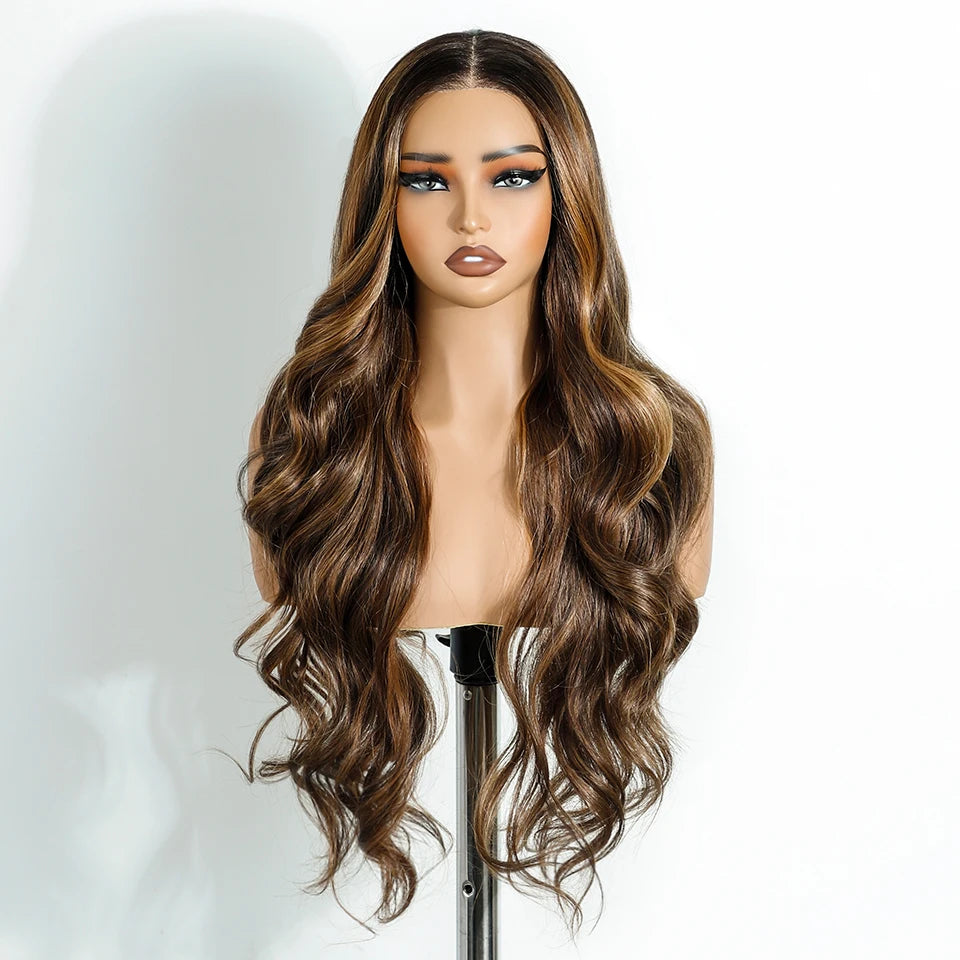 Light Brown Long Body Wave 6x4 Pre Plucked Pre Cut Synthetic Lace Front Wigs