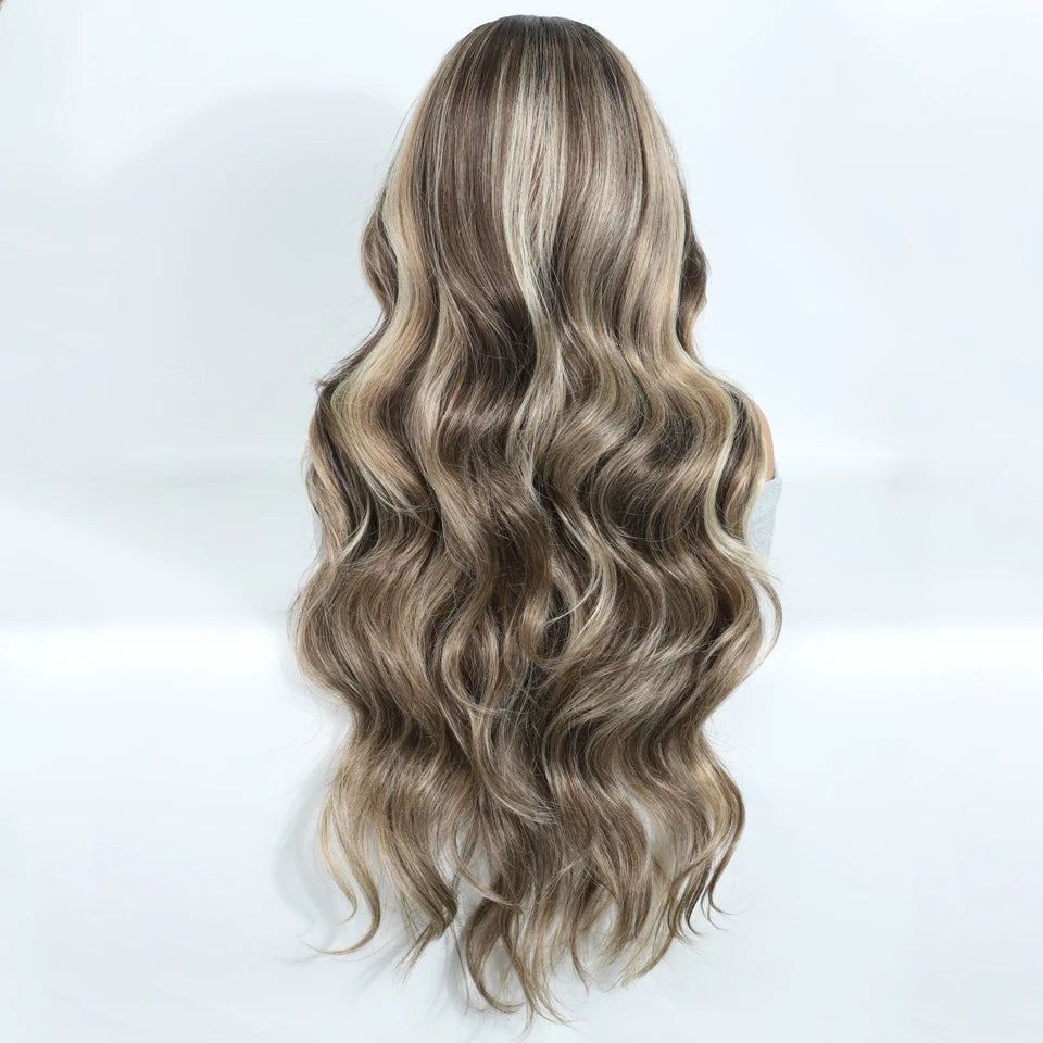 Back of Long Body Wave 6x4 Pre Plucked Pre Cut Synthetic Lace Front Wigs