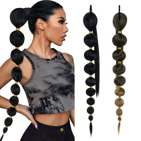 Model using bubble braid ponytail