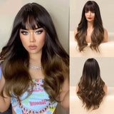 Brown Ombre Long Curly Wave Synthetic Wigs Wigs with Bangs