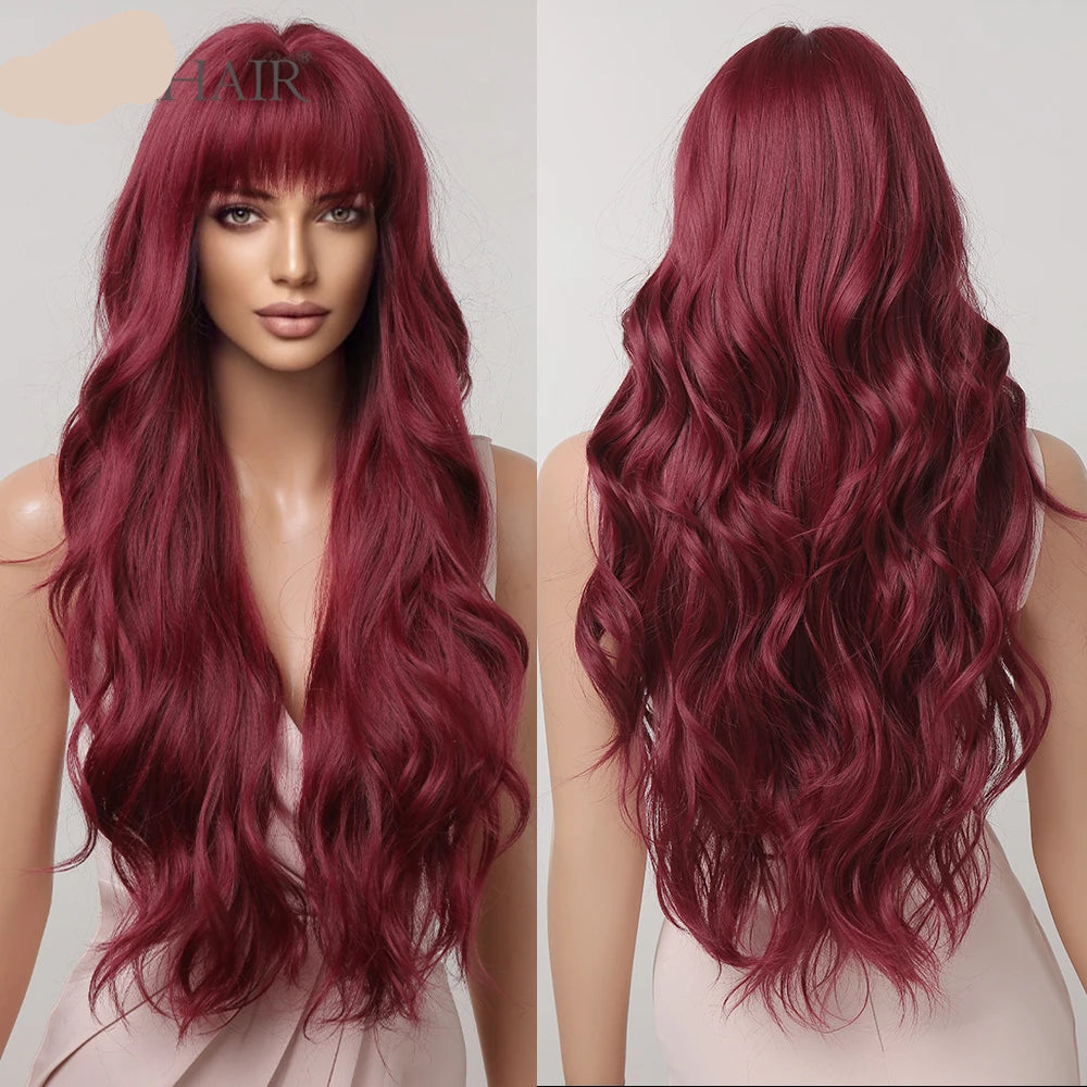 Red Long Curly Wave Synthetic Wigs Wigs with Bangs