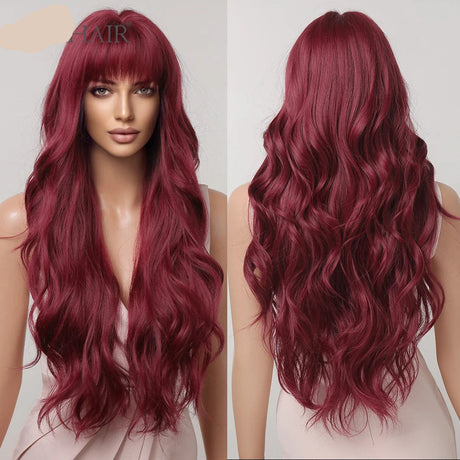 Red Long Curly Wave Synthetic Wigs Wigs with Bangs