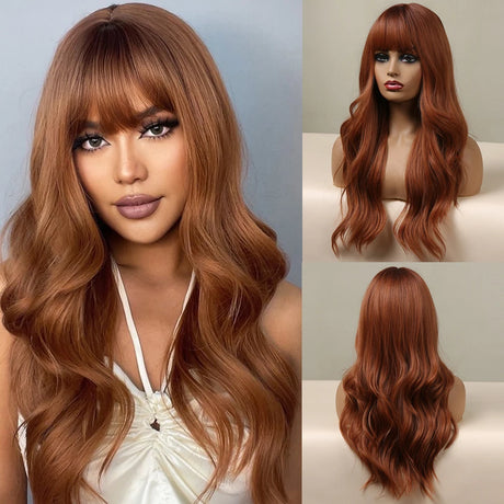 Brown Long Curly Wave Synthetic Wigs Wigs with Bangs
