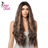 Long Curly Wavy Brown Golden Highlight Synthetic Wigs Sassy Chick Logo
