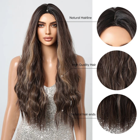 Long Curly Wavy Brown Golden Highlight Synthetic Wigs