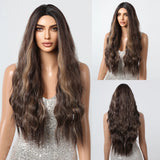 Long Curly Wavy Brown Golden Highlight Synthetic Wigs