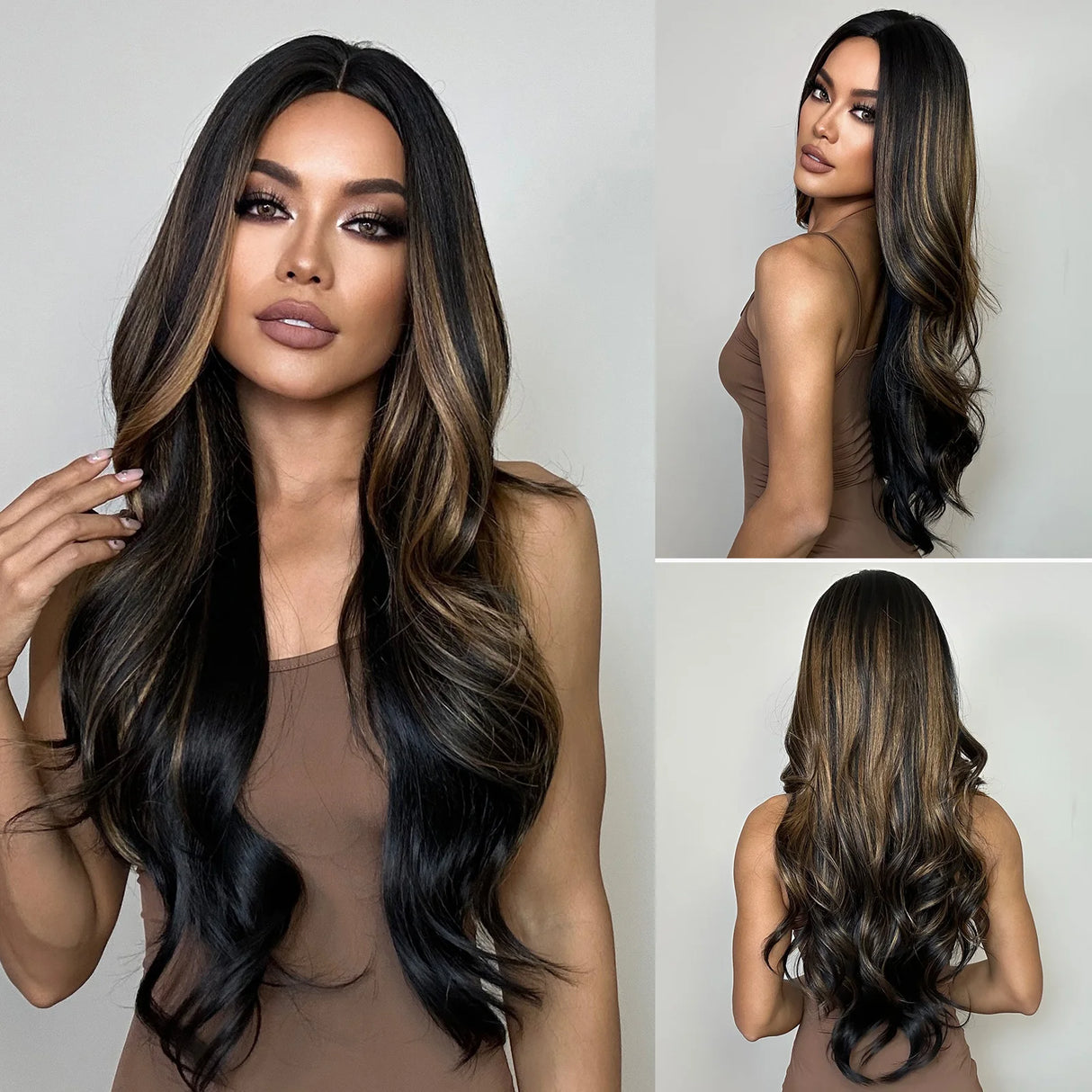 Long Curly Wavy Brown Golden Highlight Synthetic Wigs