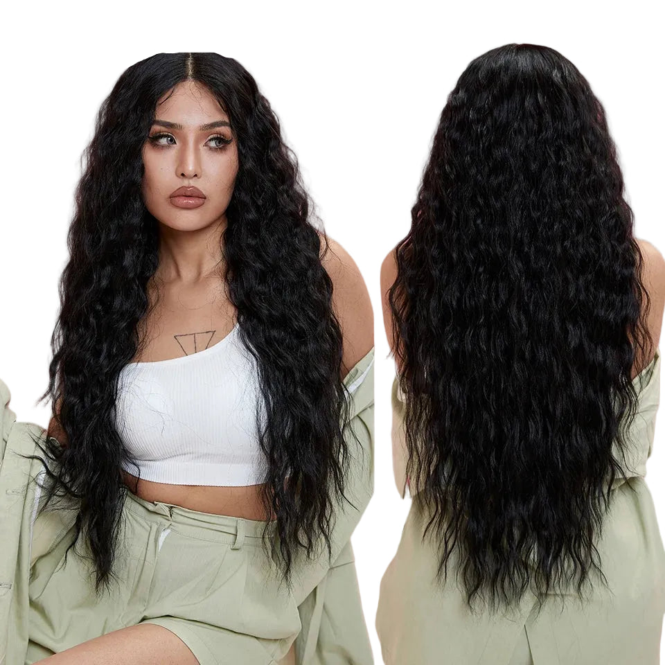 Model Using Long Deep Wavy Synthetic Lace High Temperature Wigs