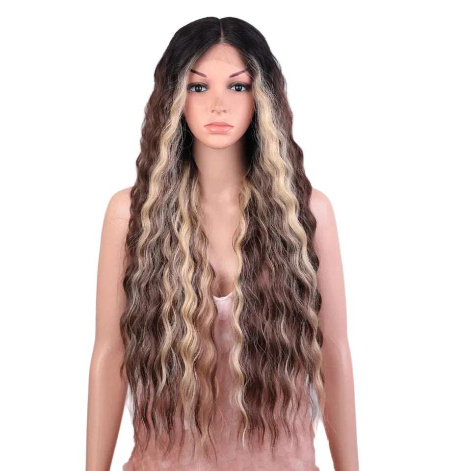 Highlight Brown Long Deep Wavy Synthetic Lace High Temperature Wigs