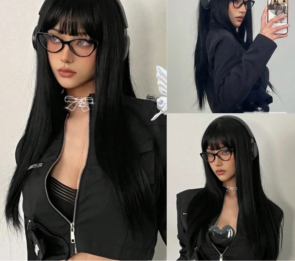 Black Long Silky Straight with Bangs Black Synthetic Wigs