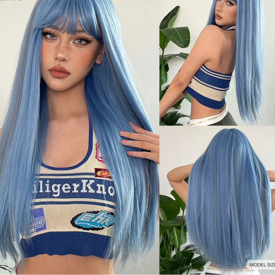 Blue Long Silky Straight with Bangs Black Synthetic Wigs