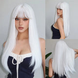 White Long Silky Straight with Bangs Black Synthetic Wigs