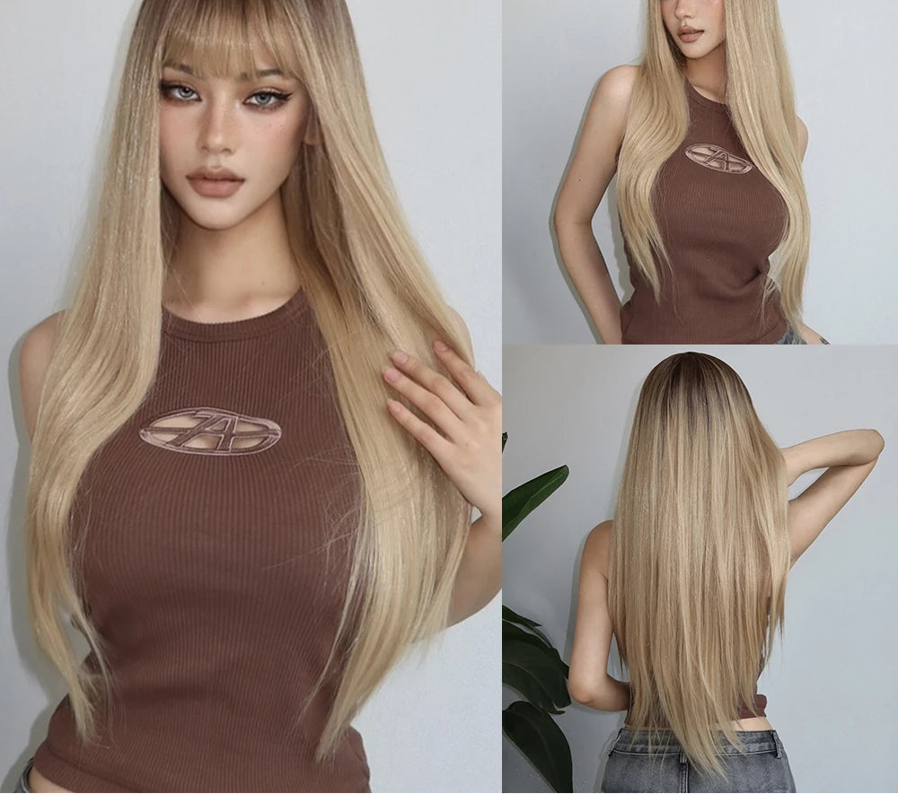 Brown Long Silky Straight with Bangs Black Synthetic Wigs