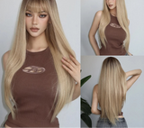 Brown Long Silky Straight with Bangs Black Synthetic Wigs