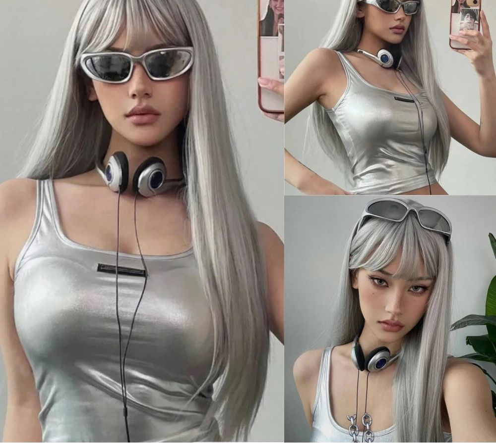 Gray Long Silky Straight with Bangs Black Synthetic Wigs