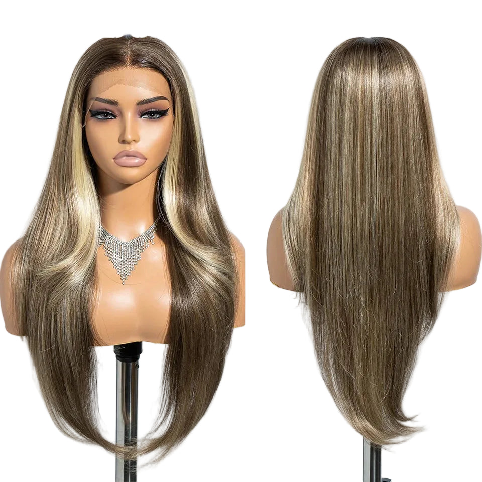 Blonde Highlight Long Straight 13X4 Lace Synthetic Lace Front Wig