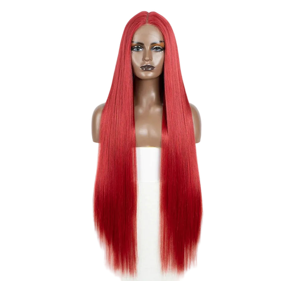 Red Long Straight 38 Inch Deep Part Synthetic Lace Front Wig