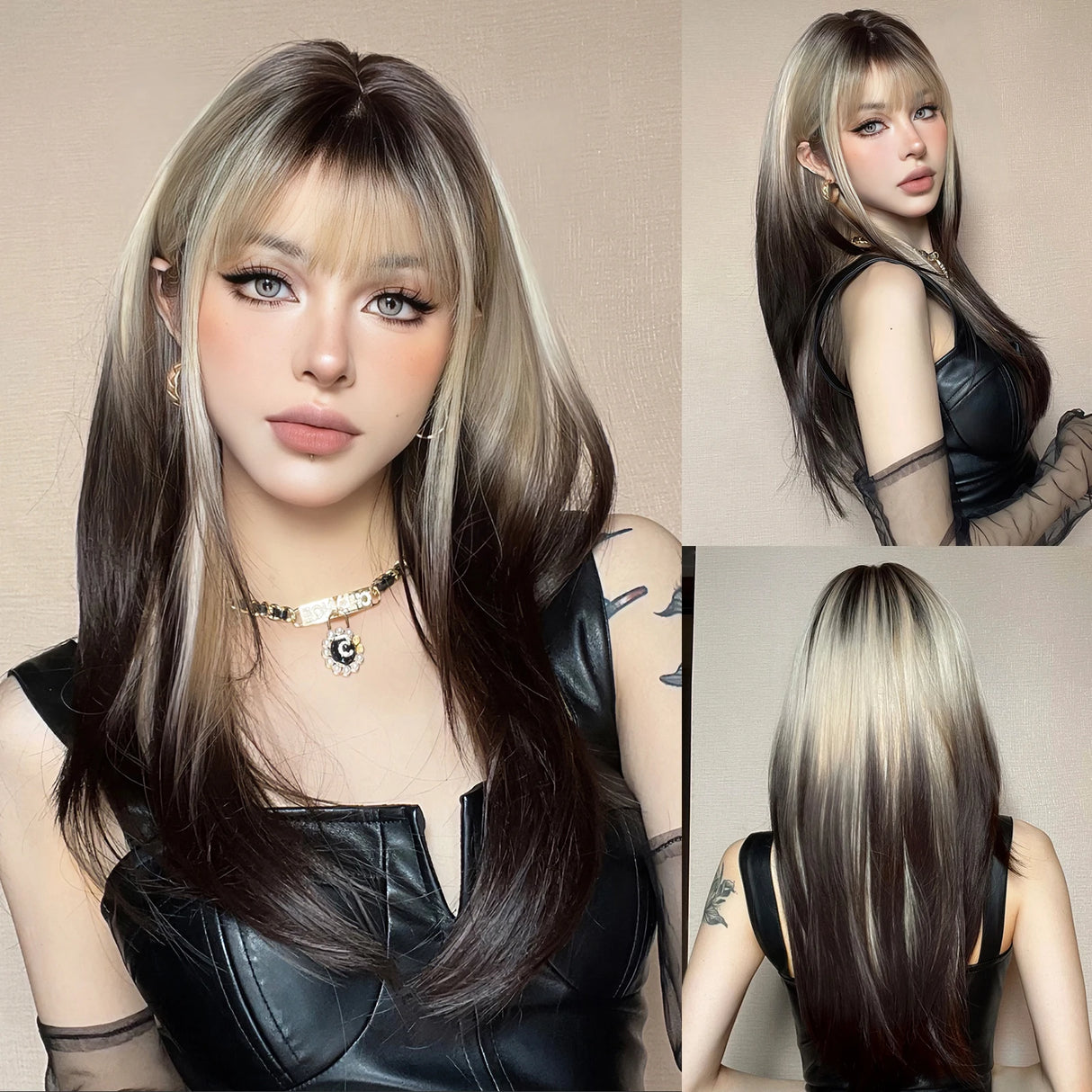 Gray Long Straight Layered with Bangs Synthetic Wigs
