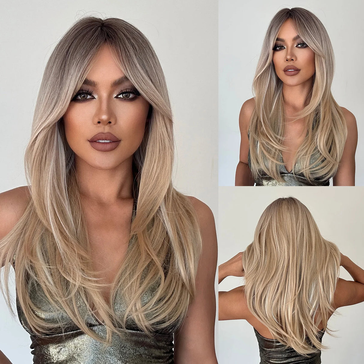 Blonde Long Straight Layered with Bangs Synthetic Wigs