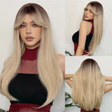 Blonde Long Straight Layered with Bangs Synthetic Wigs