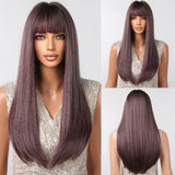 Purple Long Straight Layered with Bangs Synthetic Wigs