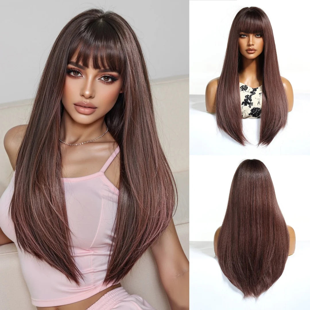 Brown Long Straight Layered with Bangs Synthetic Wigs