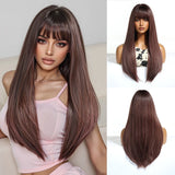 Brown Long Straight Layered with Bangs Synthetic Wigs