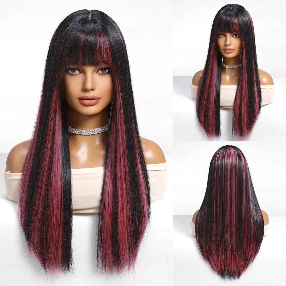 highlight red Long Straight Layered with Bangs Synthetic Wigs