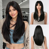 Black Long Straight Layered with Bangs Synthetic Wigs