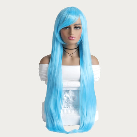 Light Blue Long Straight Mid Bangs Women Purple Ombre Heat Resistant Wigs