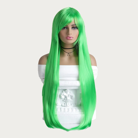 Green Long Straight Mid Bangs Women Purple Ombre Heat Resistant Wigs