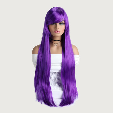 Purple Long Straight Mid Bangs Women Purple Ombre Heat Resistant Wigs