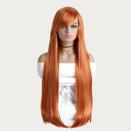 Orange Long Straight Mid Bangs Women Purple Ombre Heat Resistant Wigs