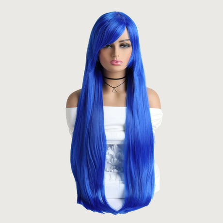 Blue Long Straight Mid Bangs Women Purple Ombre Heat Resistant Wigs