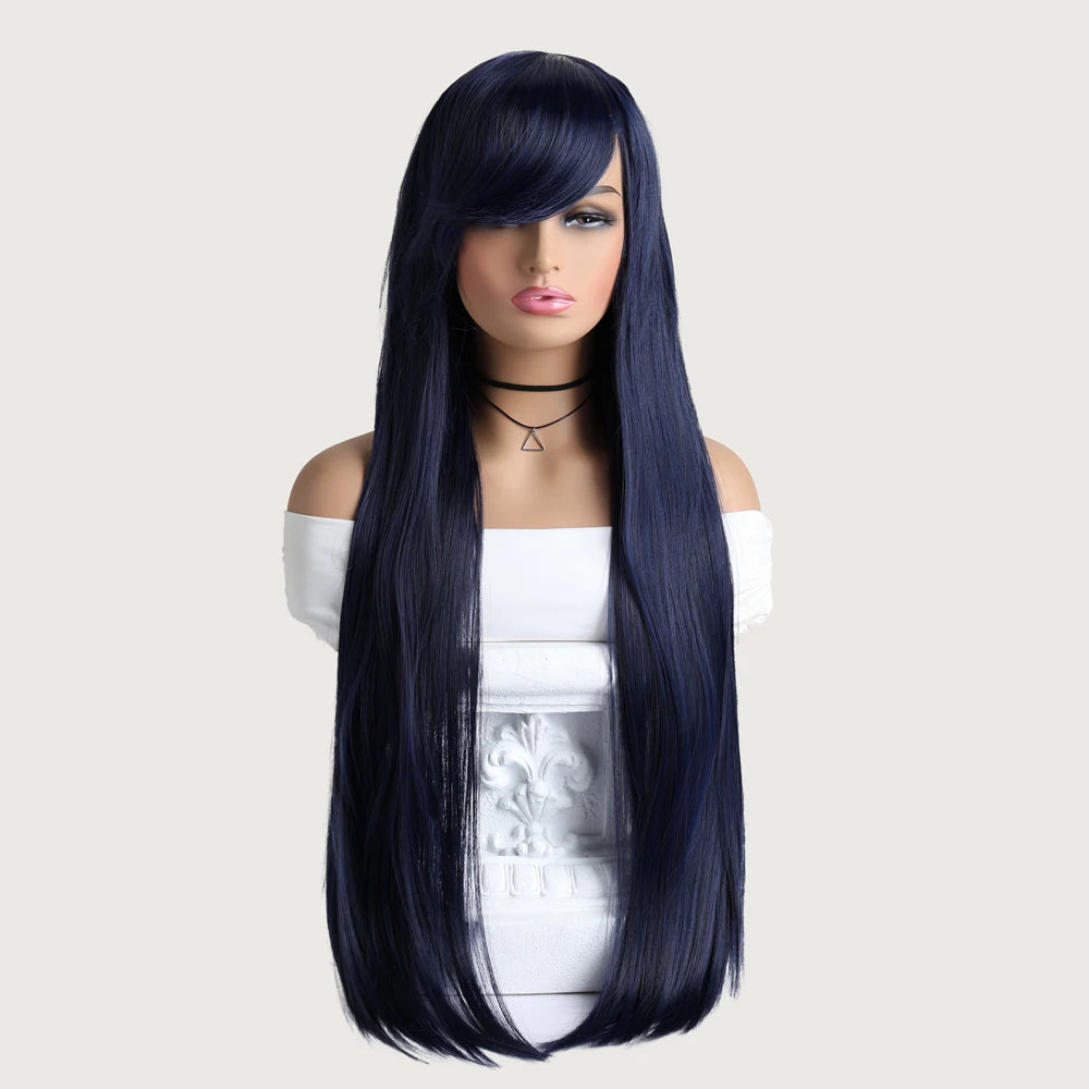Black Long Straight Mid Bangs Women Purple Ombre Heat Resistant Wigs