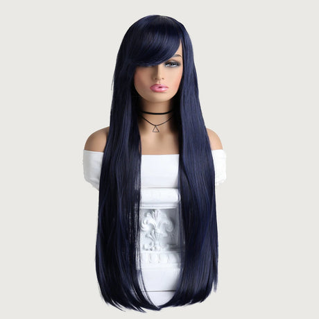 Black Long Straight Mid Bangs Women Purple Ombre Heat Resistant Wigs