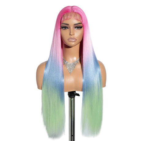 Rainbow color Long Straight Synthetic Easy Wear Cosplay Wigs