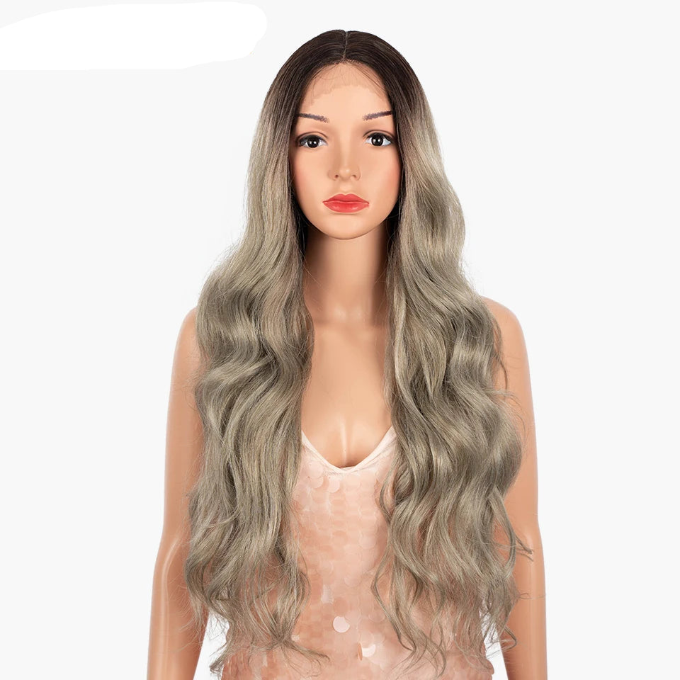 Gray Black Long Wavy 13x4 Highlight Cosplay Synthetic Lace Front Wigs