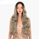 Gray Black Long Wavy 13x4 Highlight Cosplay Synthetic Lace Front Wigs
