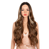 Brown Long Wavy 13x4 Highlight Cosplay Synthetic Lace Front Wigs