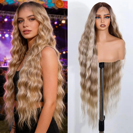 Model Using Long Wavy Lace Noble Synthetic Lace Front Wig
