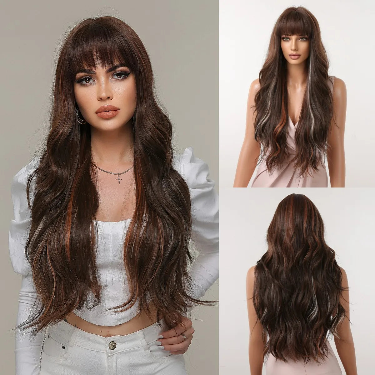 Long Wavy Mixed with Bangs Blonde Red Wig Synthetic Wigs
